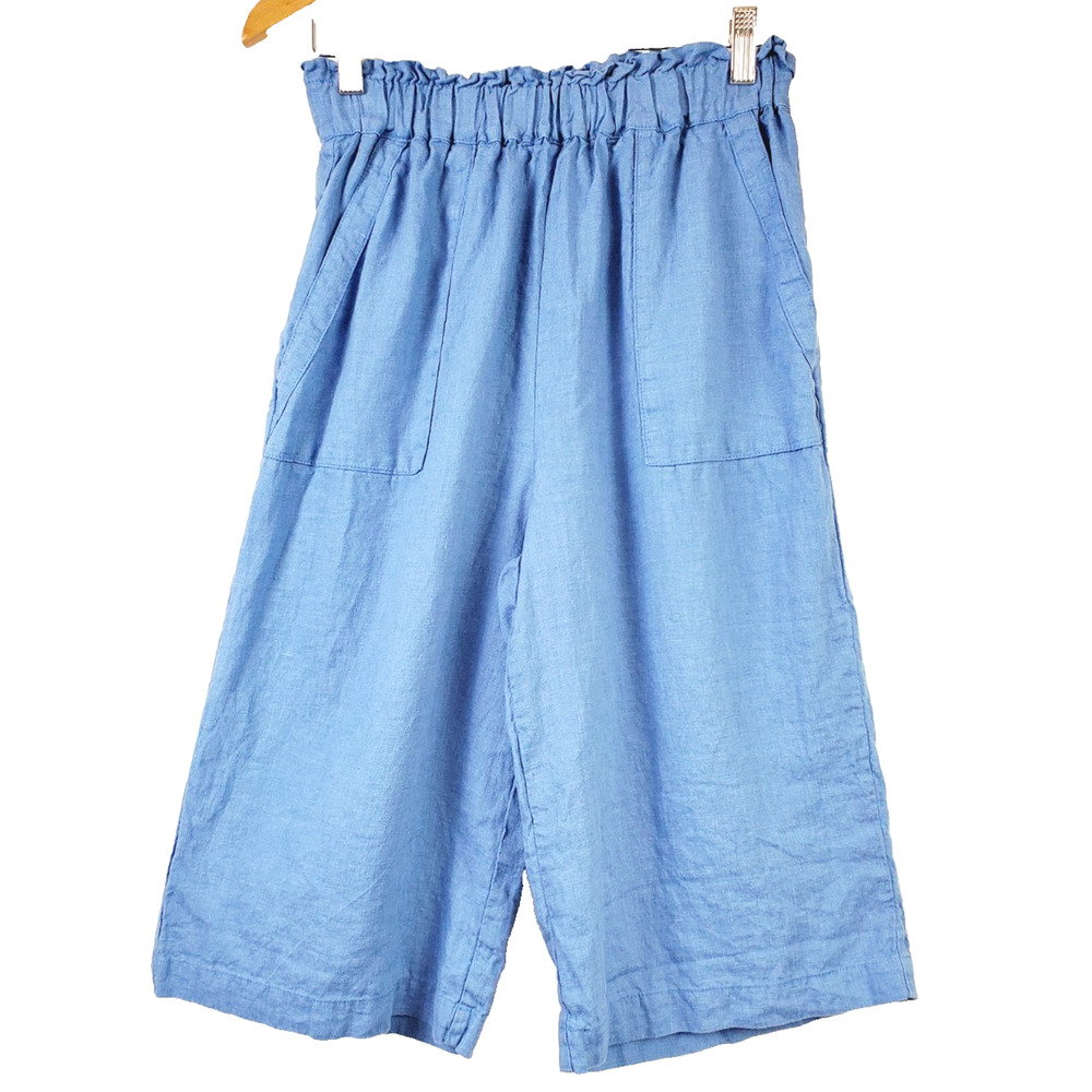 Len Ok Pants Womens Small 100% Linen Elastic Waist Wide Leg Crop Pockets Capri